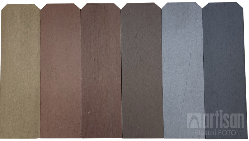 Odstíny WPC dřevoplastových plotovek - Original Wood, Teak, Brownish Red, Chocolate, Stone Grey, Dark Grey